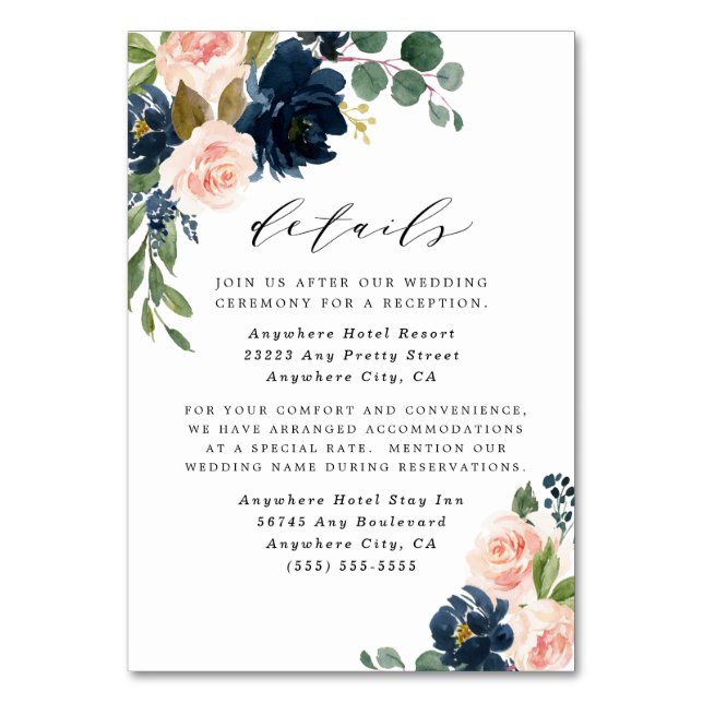 Navy Blue and Blush Pink Wedding Enclosure Cards (Front)