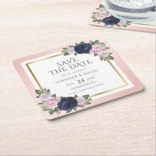 Navy Blue and Blush Pink Wedding Save The Date Square Paper Coaster