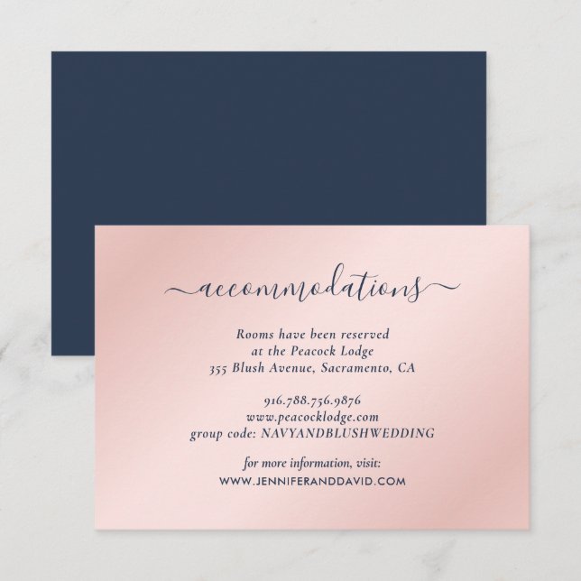 Navy Blue and Blush Wedding Hotel Accommodation Enclosure Card (Front/Back)