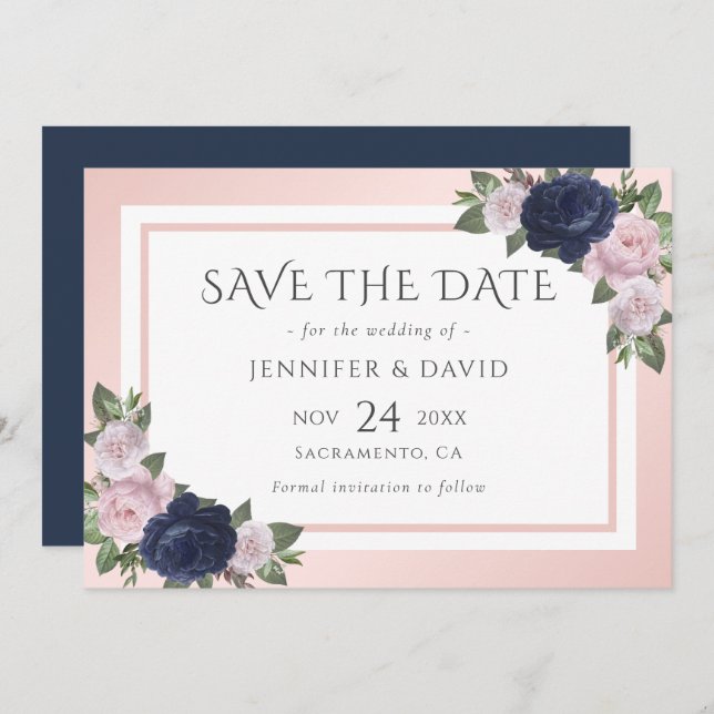 Navy Blue and Blush Wedding Save The Date (Front/Back)