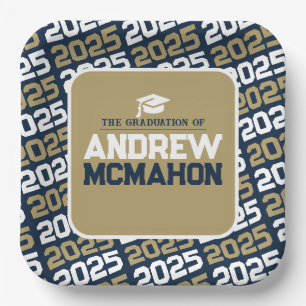 Navy Blue and Bronze Gold Personalized Graduation Paper Plate