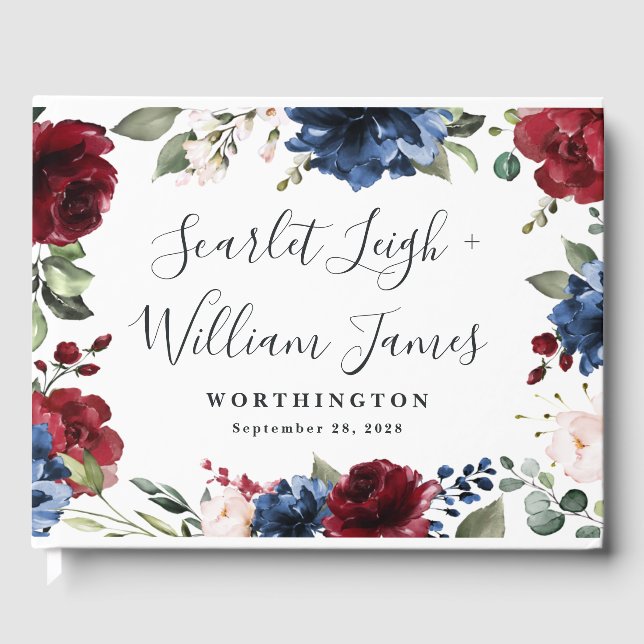 Navy Blue and Burgundy Blush Pink Floral Wedding Guest Book (Front)