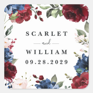 Navy Blue and Burgundy Blush Pink Floral Wedding Square Sticker