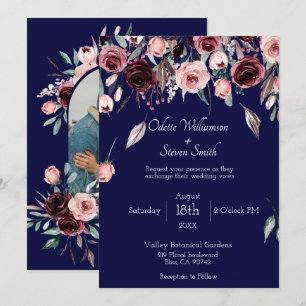 Navy Blue and Burgundy Botanical Photo Wedding Invitation