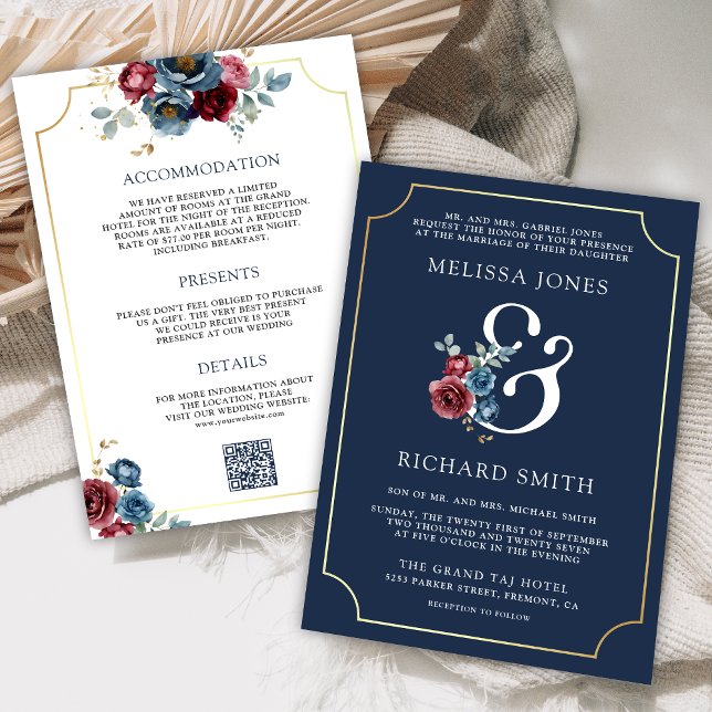 Navy Blue and Burgundy Floral Ampersand Wedding Invitation (Creator Uploaded)
