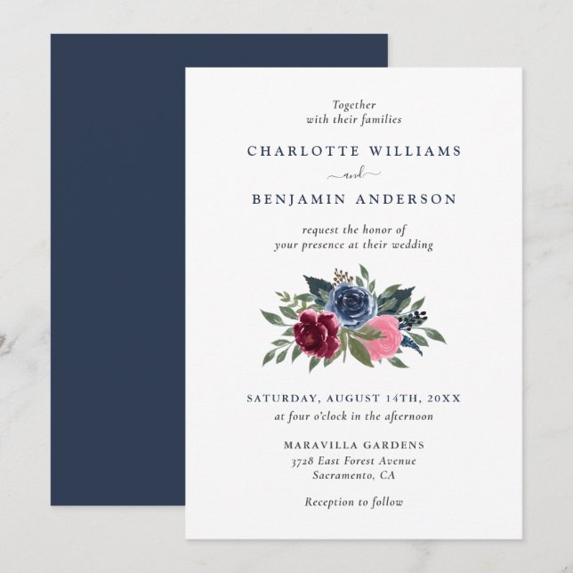 Navy Blue and Burgundy Floral Wedding Invitations (Front/Back)
