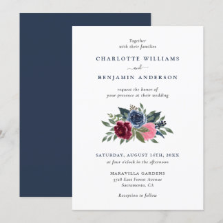 Navy Blue and Burgundy Floral Wedding Invitations
