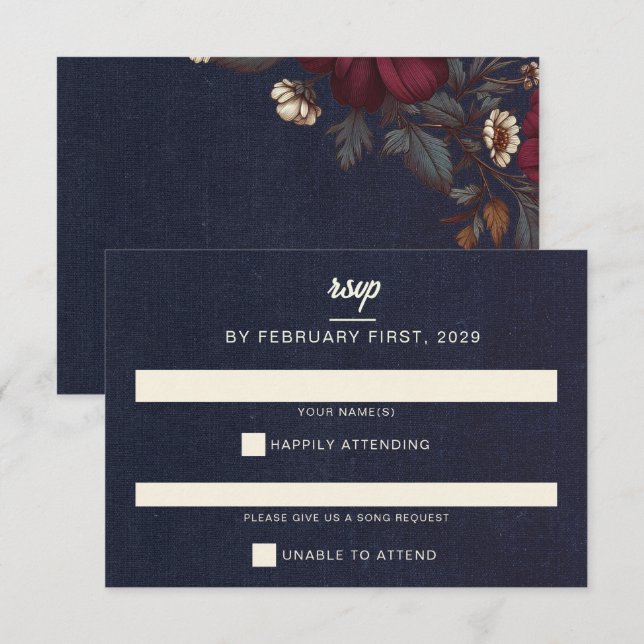 Navy Blue and Burgundy Floral Wedding RSVP Card (Front/Back)