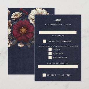 Navy Blue and Burgundy Floral Wedding RSVP Card