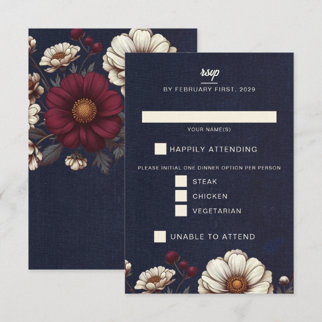 Navy Blue and Burgundy Floral Wedding RSVP Card (Front/Back)