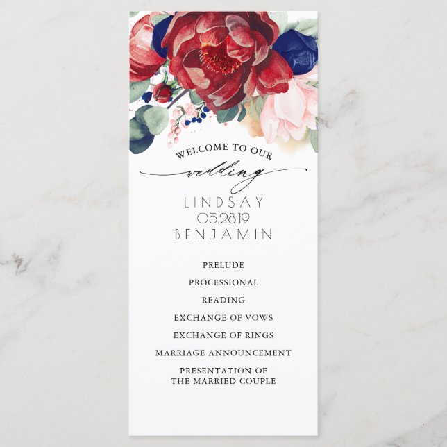 Navy Blue and Burgundy Red Floral Wedding Programs (Front)