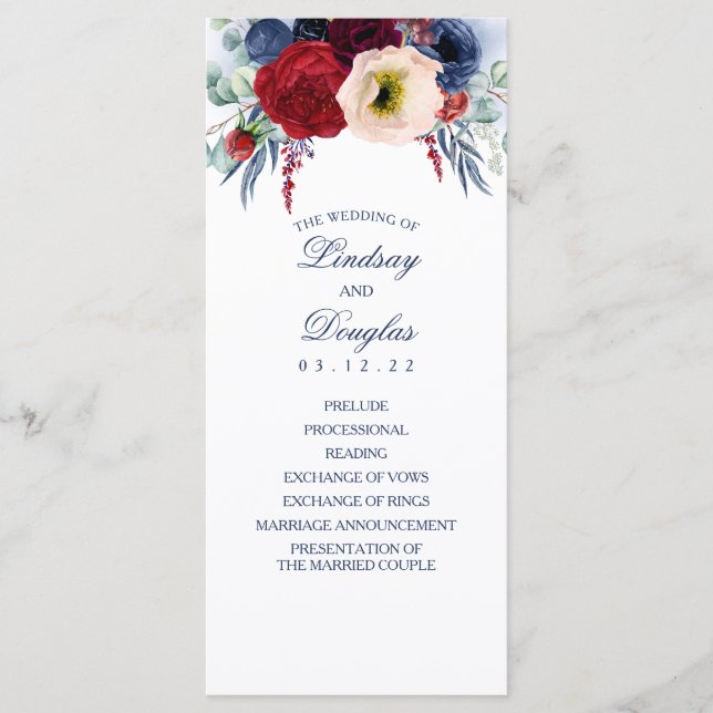 Navy Blue and Burgundy Red Floral Wedding Programs (Front)