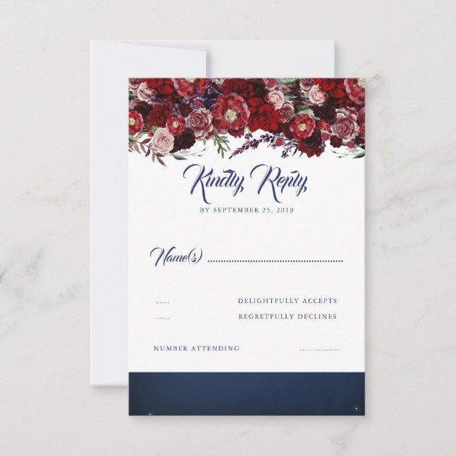 Navy Blue and Burgundy Red Wedding RSVP Card (Front)