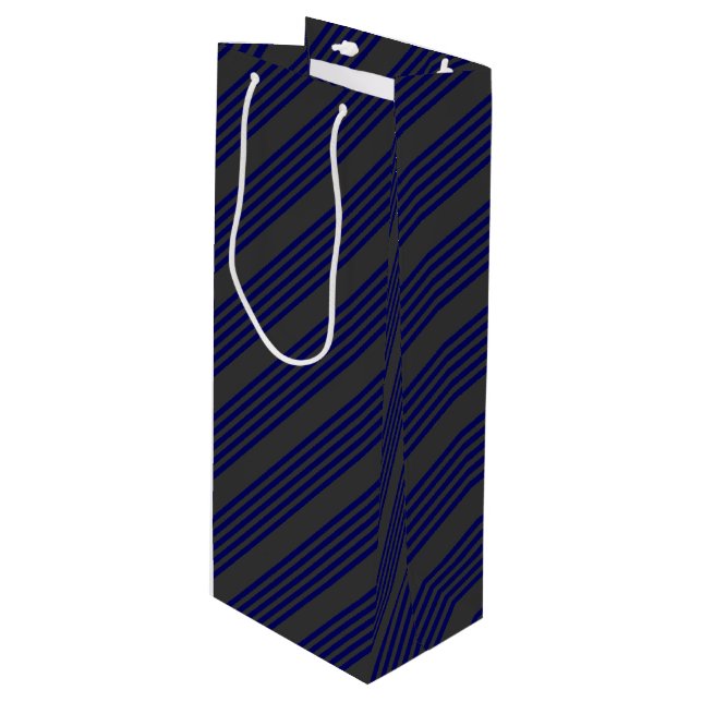 Navy blue and charcoal five stripes pattern wine gift bag (Front Angled)