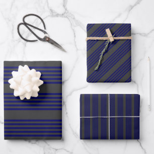 Navy blue and charcoal five stripes pattern wrapping paper sheet