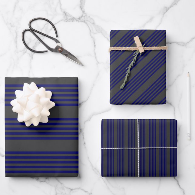 Navy blue and charcoal five stripes pattern wrapping paper sheet (Front)