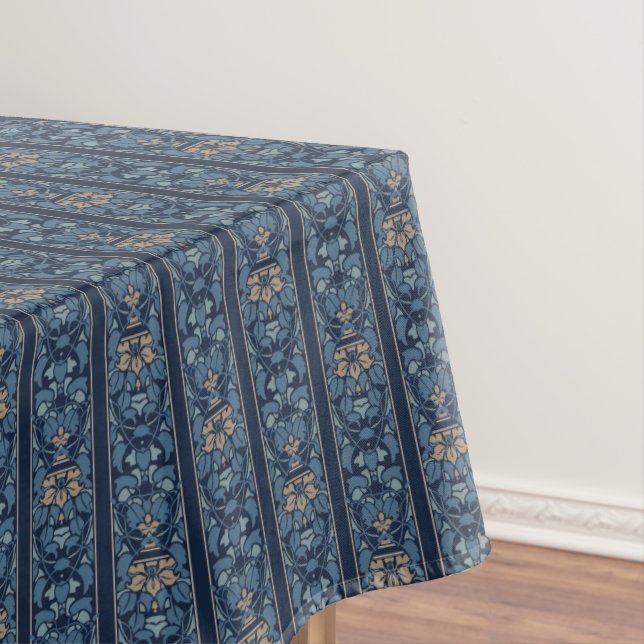 Navy blue and coffee stripe floral pattern tablecloth (In Situ)