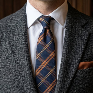 Navy Blue and Copper Tartan Plaid Vintage Tie