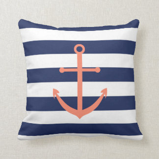 Navy Blue and Coral Anchor Pillow