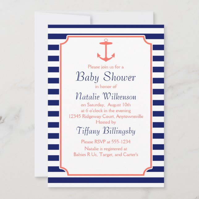 Navy Blue and Coral Anchor Silhouette Invitation (Front)