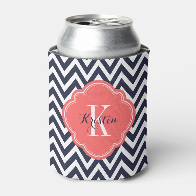Navy Blue and Coral Chevron Monogram Can Cooler (Can Front)