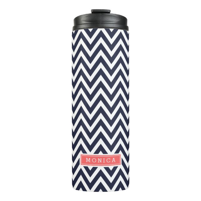 Navy Blue and Coral Chevron Monogram Thermal Tumbler (Front)