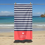 Navy Blue and Coral Chic Stripes Heart Monogram Beach Towel<br><div class="desc">Stylish custom beach towel in coral, navy blue and white colours. This design features a preppy classic navy and white striped pattern. Personalize it with your name monogram or other custom text with a cute heart symbol. Use the design tools to choose any background colours, edit the text fonts and...</div>