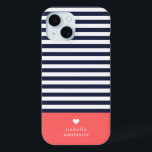 Navy Blue and Coral Chic Stripes Heart Monogram iPhone 15 Case<br><div class="desc">Stylish custom phone case in coral, navy blue and white colours. This design features a preppy classic navy and white striped pattern. Personalize it with your name monogram or other custom text with a cute heart symbol. Use the design tools to choose any background colours, edit the text fonts and...</div>