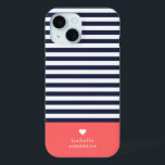 Navy Blue and Coral Chic Stripes Heart Monogram iPhone 15 Case<br><div class="desc">Stylish custom phone case in coral, navy blue and white colours. This design features a preppy classic navy and white striped pattern. Personalize it with your name monogram or other custom text with a cute heart symbol. Use the design tools to choose any background colours, edit the text fonts and...</div>