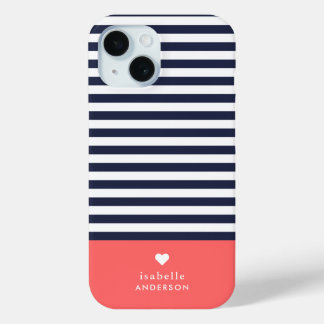 Navy Blue and Coral Chic Stripes Heart Monogram iPhone 15 Case
