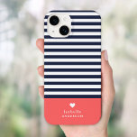 Navy Blue and Coral Chic Stripes Heart Monogram Case-Mate iPhone 14 Case<br><div class="desc">Stylish custom phone case in coral, navy blue and white colours. This design features a preppy classic navy and white striped pattern. Personalize it with your name monogram or other custom text with a cute heart symbol. Use the design tools to choose any background colours, edit the text fonts and...</div>