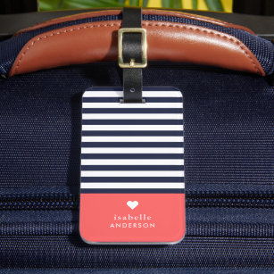 Navy Blue and Coral Chic Stripes Heart Monogram Luggage Tag