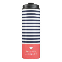 Navy Blue and Coral Chic Stripes Heart Monogram