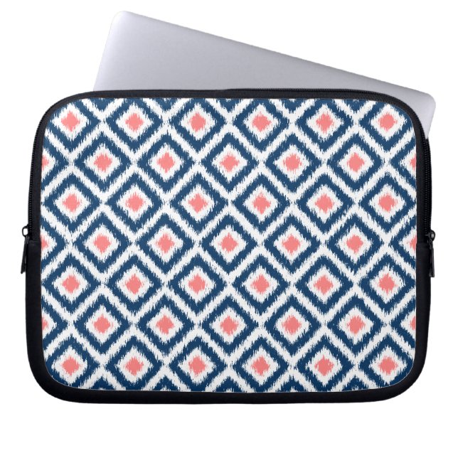 Navy Blue and Coral Diamond Ikat Pattern Laptop Sleeve (Front)