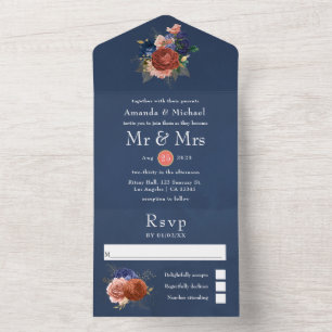 Navy Blue and Coral Floral Wedding All In One Invi Invitation