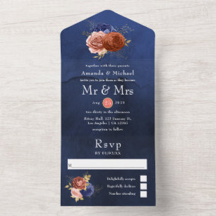 Navy Blue and Coral Floral Wedding All In One Invi Invitation