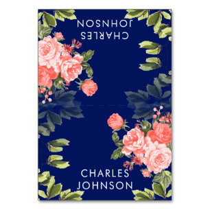 Navy Blue and Coral Flower Wedding Place Cards