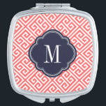 Navy Blue and Coral Greek Key Monogram Makeup Mirror<br><div class="desc">Stylish modern travel compact mirror features a cute preppy Greek key pattern. Personalize it with your monogram or other custom text in a chic quatrefoil frame. Click Customize It to add your own text and images or change text fonts and colours to create a unique one of a kind design....</div>
