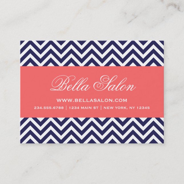 Navy Blue and Coral Modern Chevron Stripes Business Card (Front)