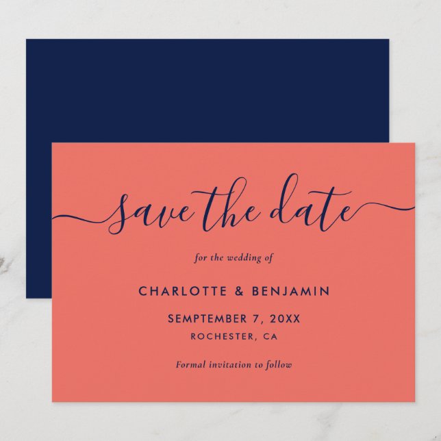 Navy Blue and Coral Modern Script Wedding Save The Date (Front/Back)