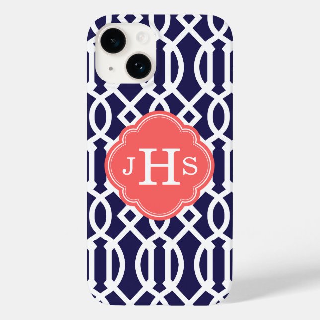 Navy Blue and Coral Modern Trellis Monogram Case-Mate iPhone Case (Back)