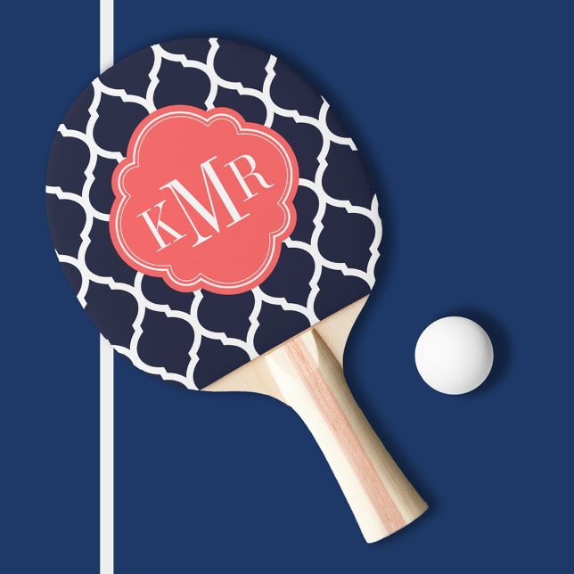Navy Blue and Coral Moroccan Quatrefoil Monogram Ping Pong Paddle (Creator Uploaded)