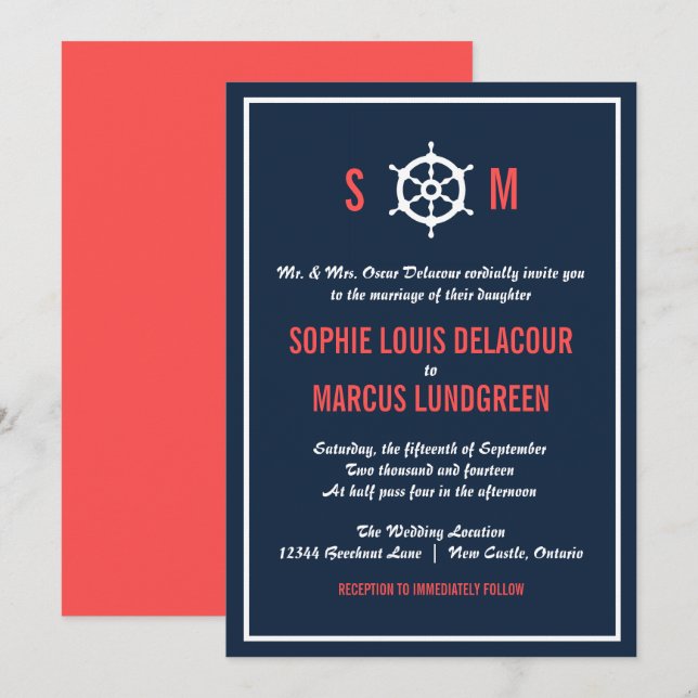 Navy Blue and Coral Nautical Wedding Invitation (Front/Back)