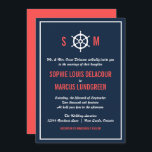 Navy Blue and Coral Nautical Wedding Invitation<br><div class="desc">Dark navy blue and coral wedding invitation with a white helm illustration in between the bride and grooms initials. This is perfect for nautical themed weddings or sea and ocean themed weddings.</div>