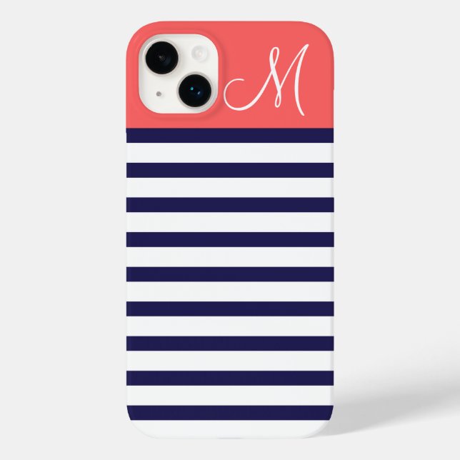 Navy Blue and Coral Preppy Stripes Monogram Case-Mate iPhone Case (Back)