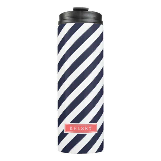 Navy Blue and Coral Preppy Stripes Monogram Thermal Tumbler (Front)