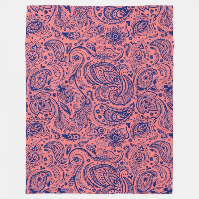 Navy Blue And Coral-Red Floral Paisley Fleece Blanket (Front)