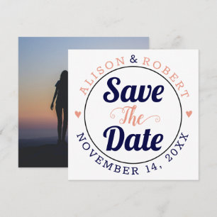 Navy blue and coral typography photo on the back save the date