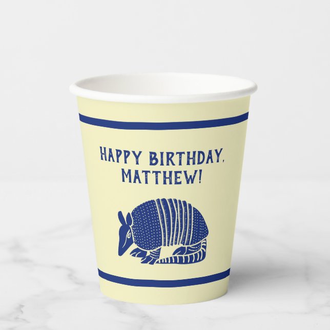 Navy Blue and Cream Armadillo Personalized Party Paper Cups (Front)