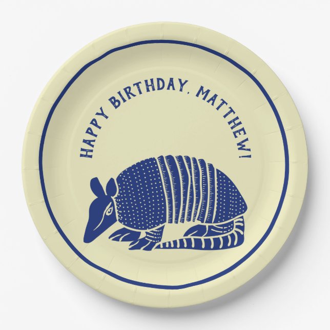 Navy Blue and Cream Armadillo Personalized Party Paper Plate (Front)